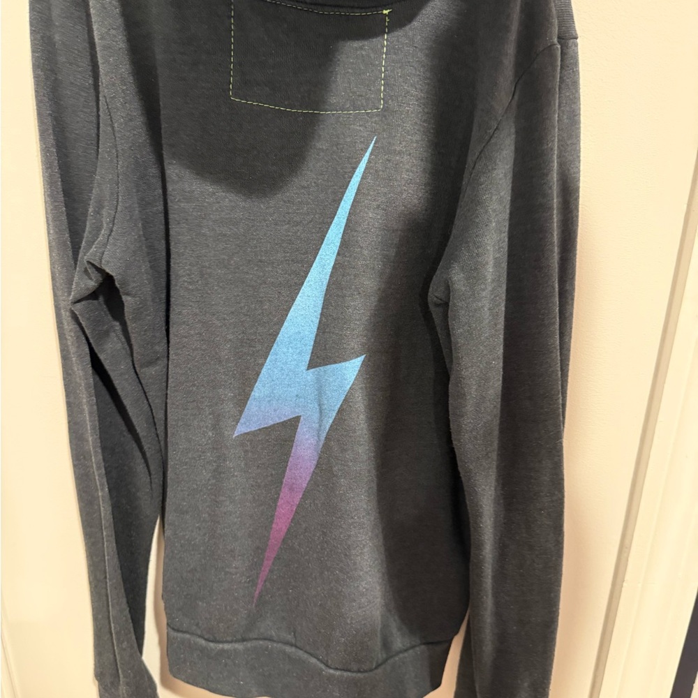 Aviator Nation Gray zip-up with Blue and Purple Lightning Bolt !BROKEN ZIPPER!